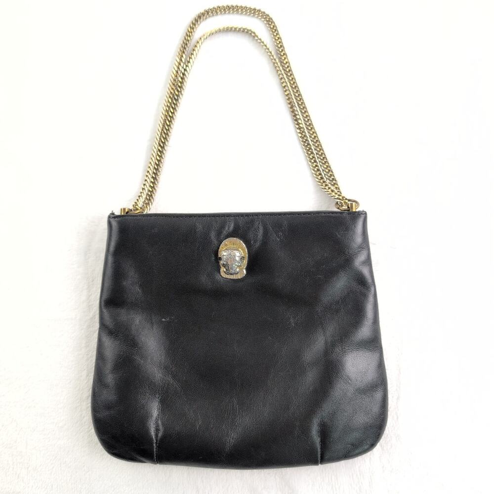 Vintage Ruth Saltz Cougar Head Black Leather Handbag Double Chain Strap